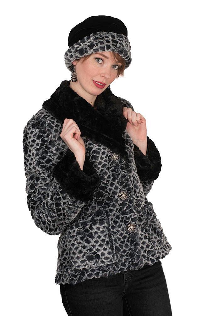 Model wearing Norma Jean Coat with matching Ana Cloche Style Hat | Luxury Faux Fur in Snow Owl with Cuddly Fur in Black | By Pandemonium Millinery | Handmade in Seattle WA USA