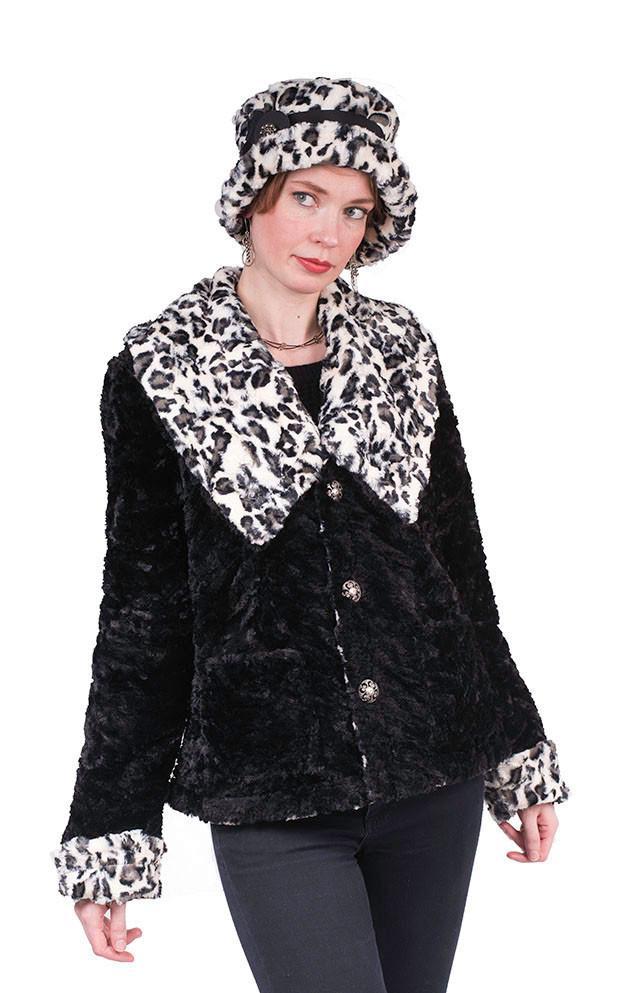 Model wearing Norma Jean Coat in Reversed with Matching Molly Bucket Style Hat | Luxury Faux Fur in White Jaguar with Cuddly Fur in Black | By Pandemonium Millinery | Handmade in Seattle WA USA