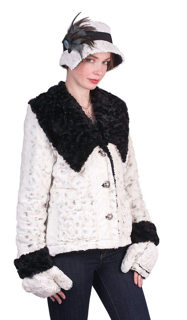 Model shown in Norma Jean Coat  with Matching Abigail Cloche hat | Winter Frost white with faint Black spots and Cuddly Black Faux Fur | By Pandemonium Millinery | Handmade in Seattle WA USA