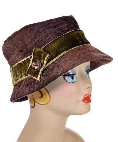 Olivia Hat Chenille in Brown with Band and Bow | Midori Velvet Band Florentine with a Carmel Lucite Button | Handmade By Pandemonium Millinery | Seattle WA