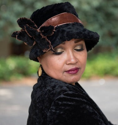 Model wearing Olivia Hat Desert Sand in Midnight Faux Fur | Midori Velvet In Clove with a Custom Velvet Flower Brooch| Handmade By Pandemonium Millinery | Seattle WA