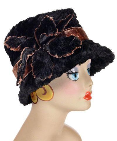 Model wearing Olivia Hat Desert Sand in Midnight Faux Fur | Midori Velvet In Clove with a Custom Velvet Flower Brooch| Handmade By Pandemonium Millinery | Seattle WA