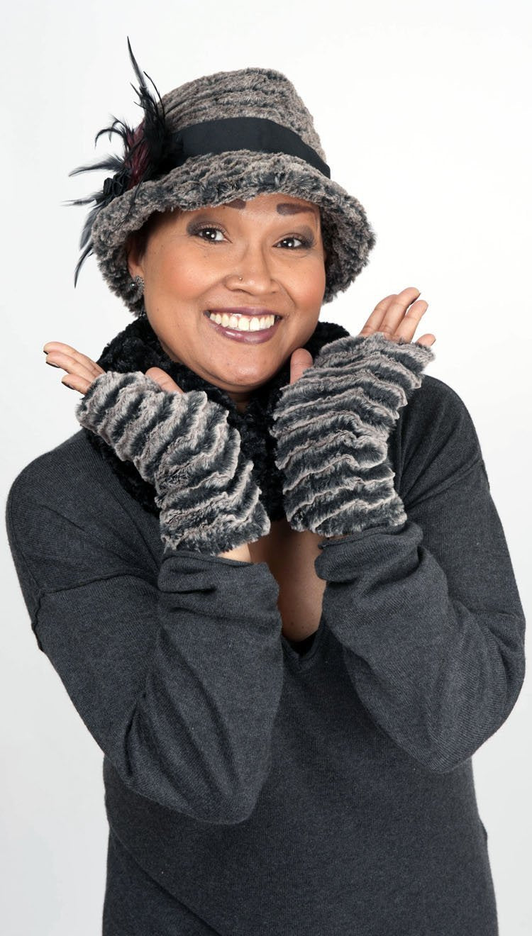 Olivia Hat Desert Sand in Charcoal Faux Fur | Black  Band with a Black Feather Brooch | Handmade By Pandemonium Millinery | Seattle WA