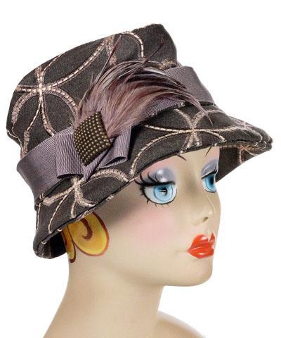 Olivia Hat Karma in Java | Mauve Band with a Plum Feather Brooch with Square Bronze Button | Handmade By Pandemonium Millinery | Seattle WA