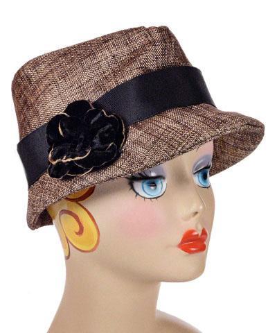 Woman wearing Olivia Fedora Hat in Liam Upholstery with Custom Velvet Flower Brooch | Handmade in Seattle WA | Pandemonium Millinery