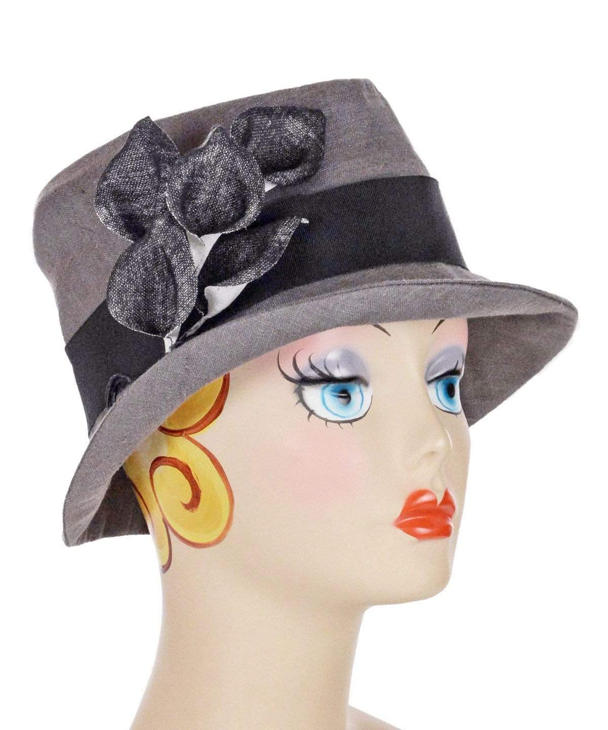 Olivia Fedora Hat in Gray Linen with Custom black Flowers | Handmade in Seattle WA | Pandemonium Millinery