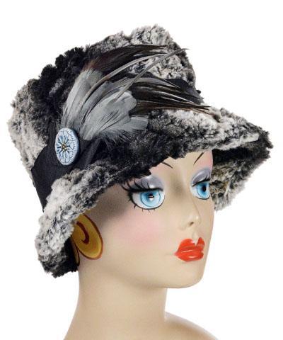  Olivia Fedora Hat | Chinchilla in Black Faux Fur | Cameron Blue Button with Steel Feather Brooch | Handmade in Seattle, WA USA by Pandemonium Millinery