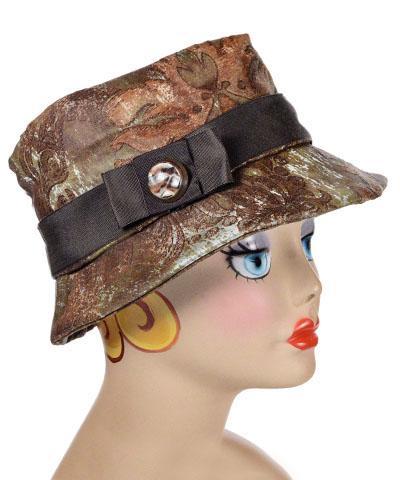 Olivia Fedora Hat | Renaissance in Everglade Upholstery | Brown/Camel Lucite Button with Chocolate Grosgrain Band and Bow | Handmade in Seattle, WA USA by Pandemonium Millinery