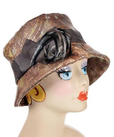 Olivia Fedora Hat | Renaissance in Everglade Upholstery | Brown Feather Brooch with Chocolate Grosgrain Band and Bow | Handmade in Seattle, WA USA by Pandemonium Millinery