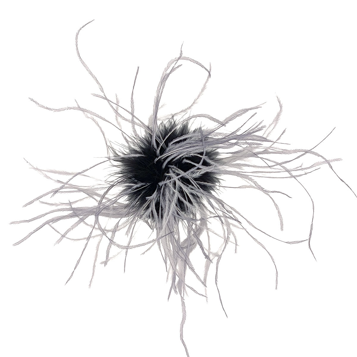 Ostrich Feather Brooch in Black and light gray | Handmade in Seattle WA | Pandemonium Millinery