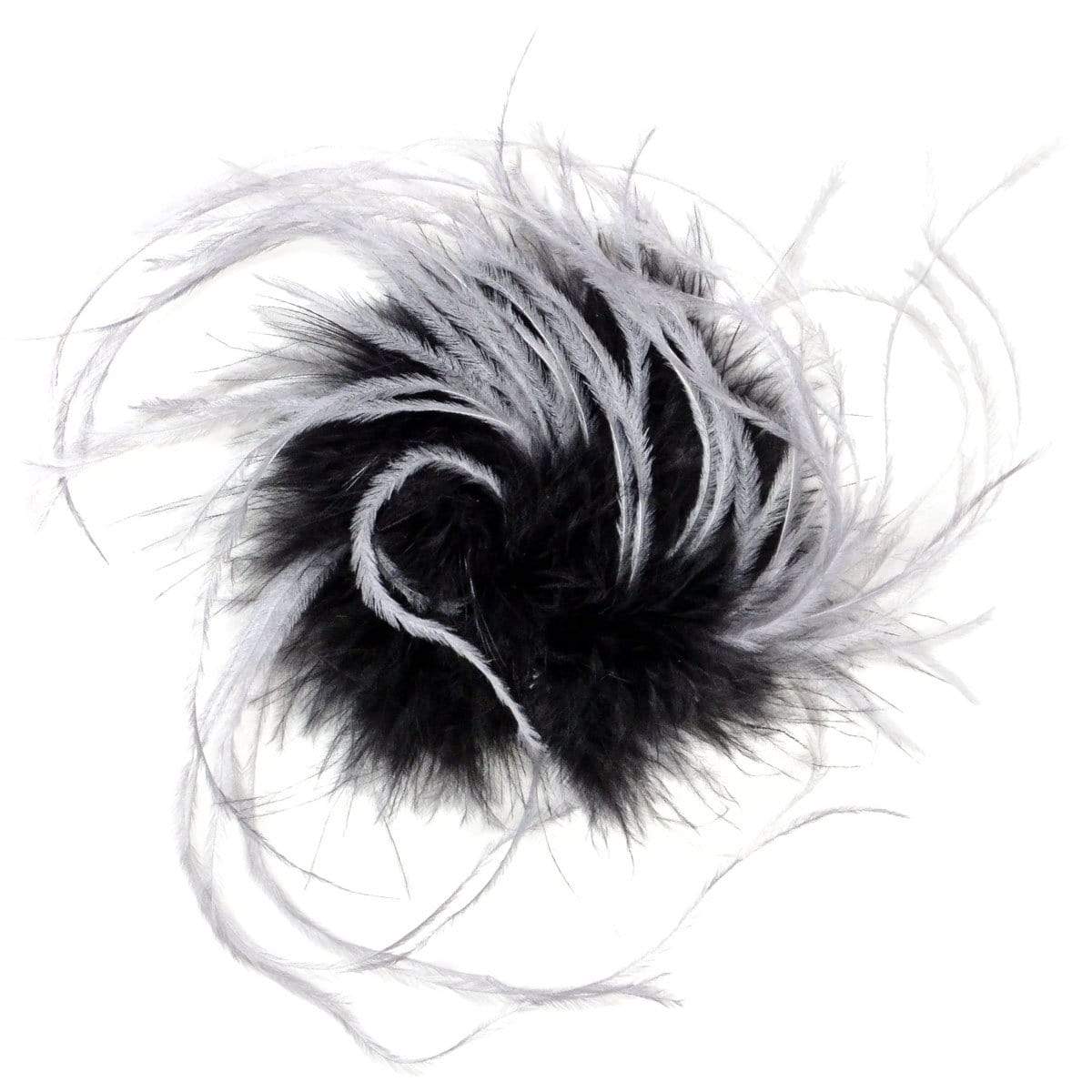 Ostrich Feather Brooch in Black and light gray | Handmade in Seattle WA | Pandemonium Millinery