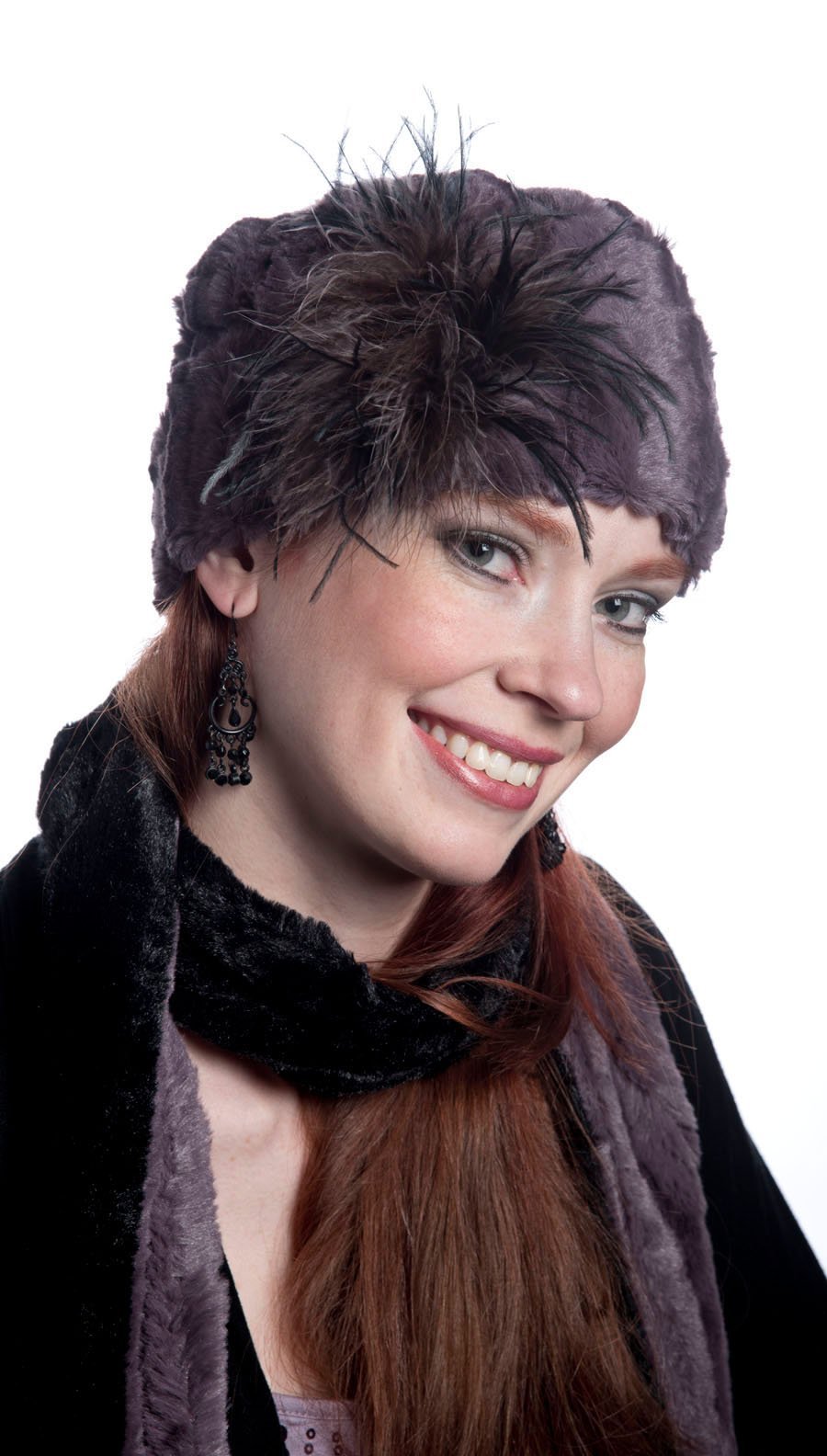 Woman wearing Faux Fur Pillbox with Ostrich Feather Brooch in Black Gray and Mauve | Handmade in Seattle WA | Pandemonium Millinery