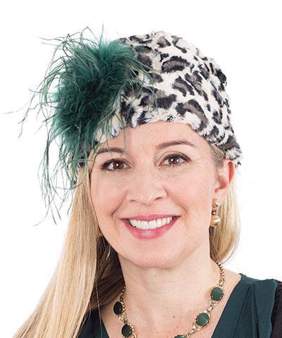 Ostrich Feather Brooch in Green on Faux Fur Pillbox  | Handmade in Seattle WA | Pandemonium Millinery