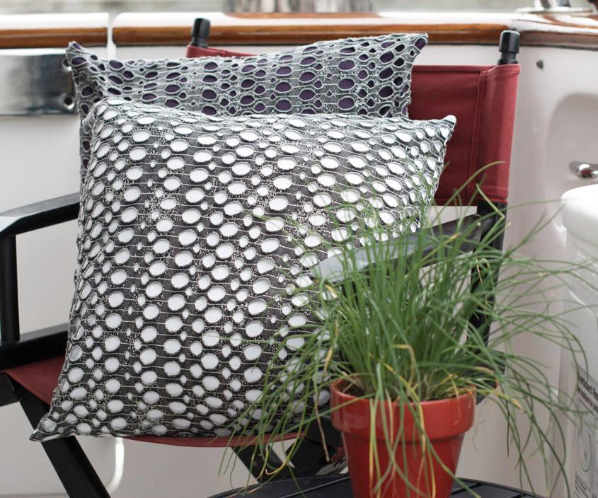 Pillow Sham in Lunar Landing a fun Textured Fabric| Luxury designer decorative pillow gray fabric with holes with purple under | Handmade by Pandemonium Millinery Seattle, WA usa