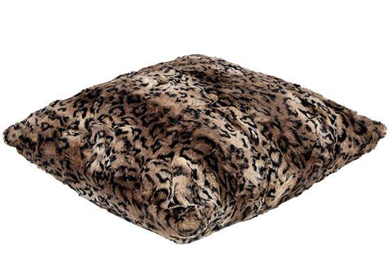Side View of  Pillow Shams in Carpathian Lynx Animal Print| Luxury Faux Fur decorative pillow Tan, Cream and Browns | Handmade by Pandemonium Millinery seattle, WA usa
