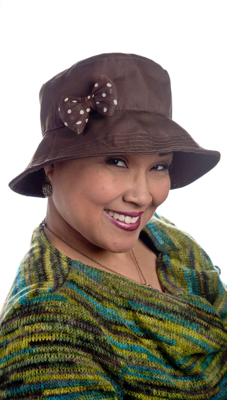 Polka Dot Bow in Brown and Cream on Hollie Rain Hat from Pandemonium Millinery