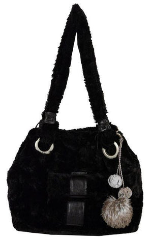 Key Chain on Black Purse | Large Arctic Fox Faux Fur Pom with Small Birch brown and white Poms | handmade in Seattle WA by Pandemonium Millinery USA