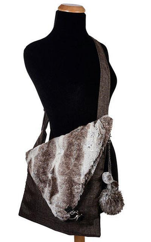 Key Chain on gray messenger bag | Large Arctic Fox Faux Fur Pom with Small Birch brown and white Poms | handmade in Seattle WA by Pandemonium Millinery USA