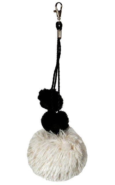 Pom Pom Key Chain - White Fox Faux Fur with Cuddly Black