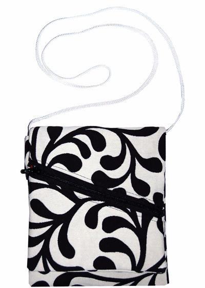 Prague Handbag, White Pepper Paisley, White and Black Upholstrey featuring a Cord Strap | Handmade by Pandemonium Seattle USA