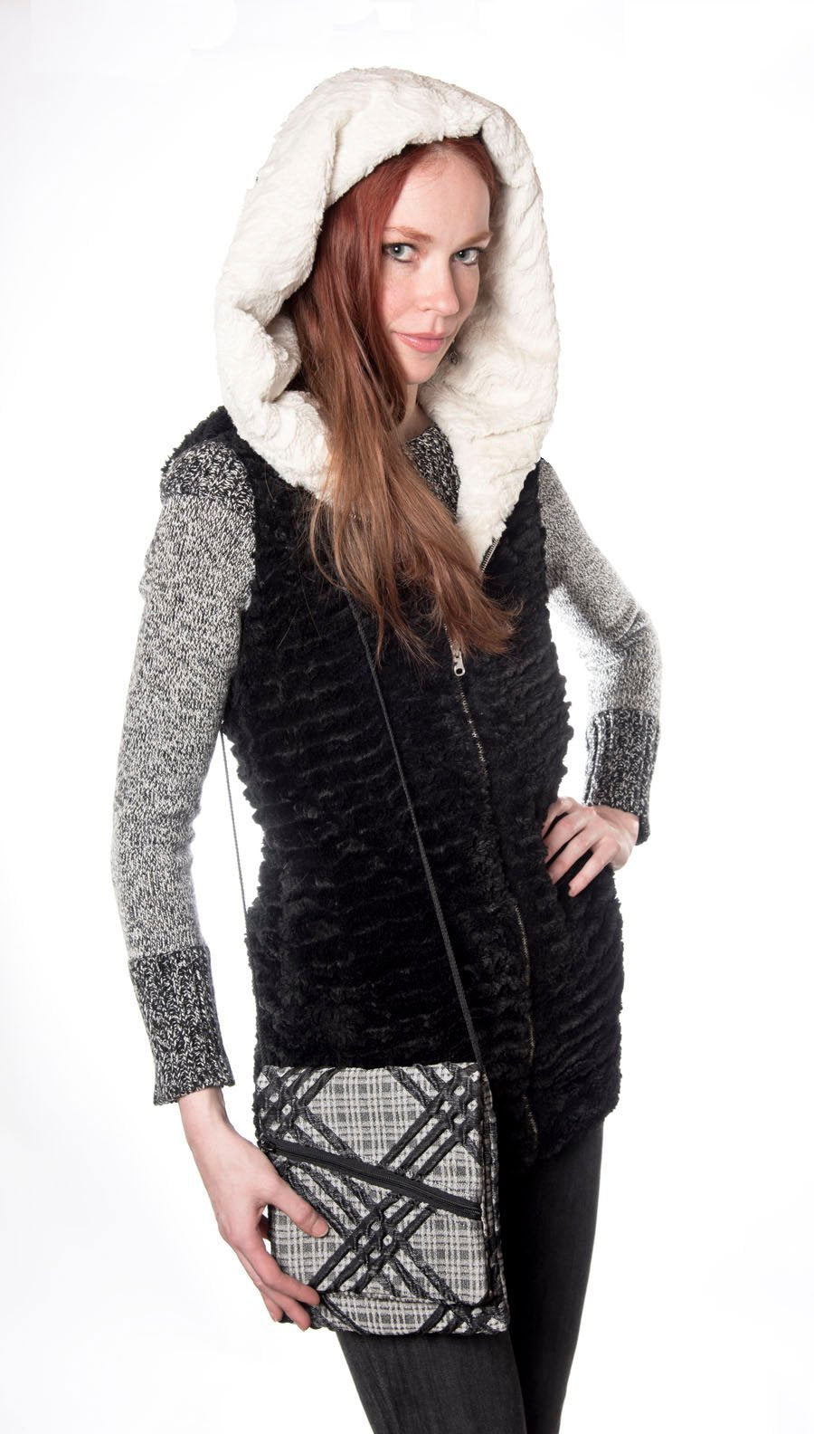 woman holding Prague Handbag | Black and Silver Plaid Upholstery Fabric | handmade in USA by Pandemonium Seattle