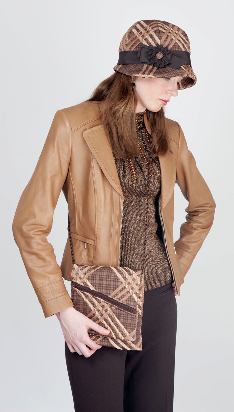 Model with Prague Handbag and matching Hat | Copper Plaid Upholstery Fabric | handmade in USA by Pandemonium Seattle