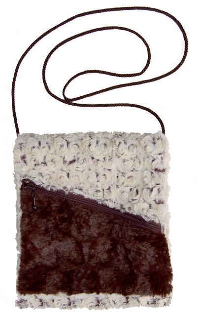 Prague Handbag in Rosebud in Brown, Cream rosettes with a Brown underlay with Cuddly Faux Fur in Chocolate featuring a Cord Strap | Handmade by Pandemonium Seattle USA