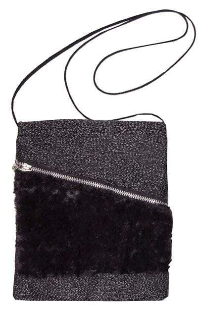 Prague Handbag | Static, Black and White Specks Upholstery Fabric with Cuddly Faux Fur in Black | handmade in USA by Pandemonium Seattle