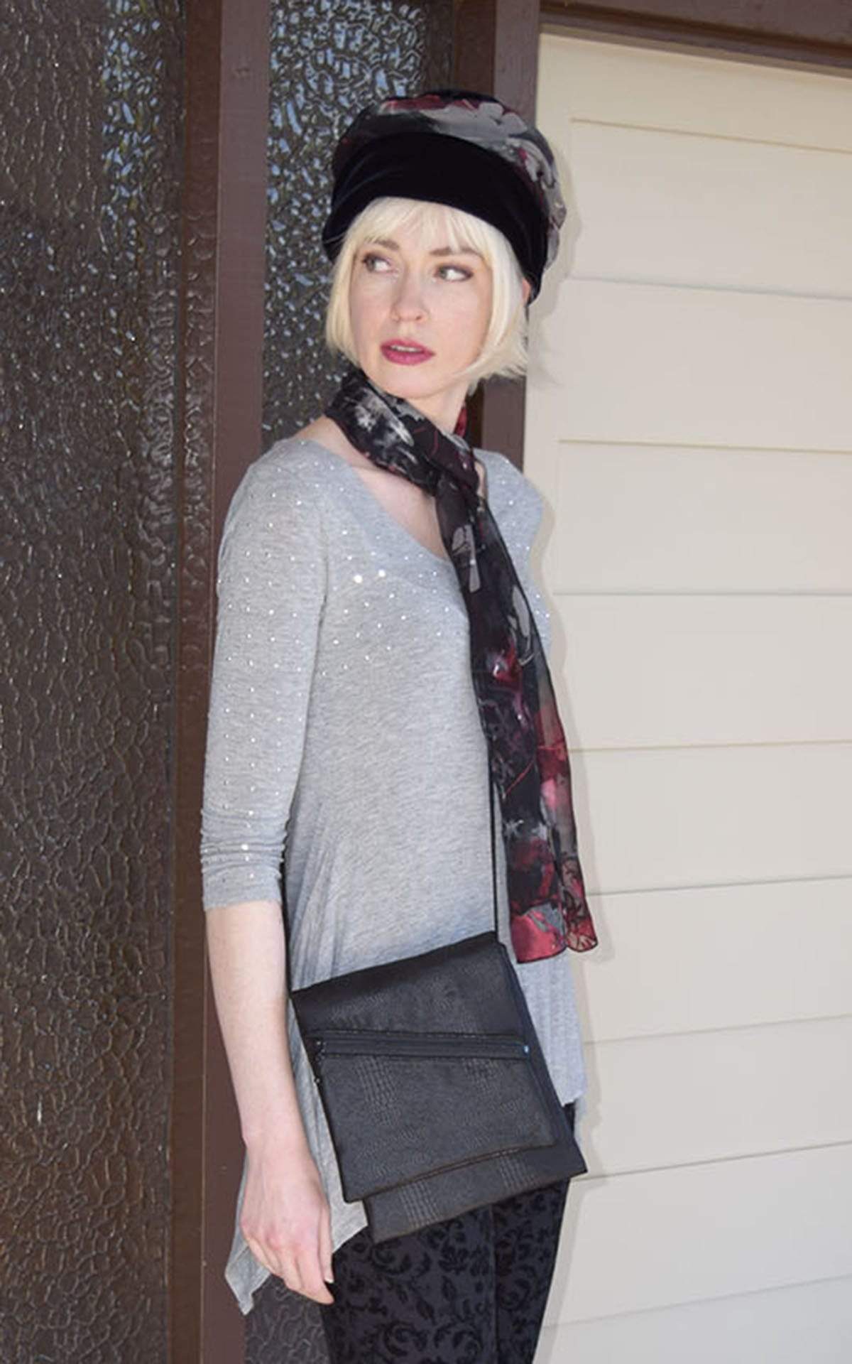 woman with Prague Handbag | Outback Black Vegan Leather Fabric | handmade in USA by Pandemonium Seattle