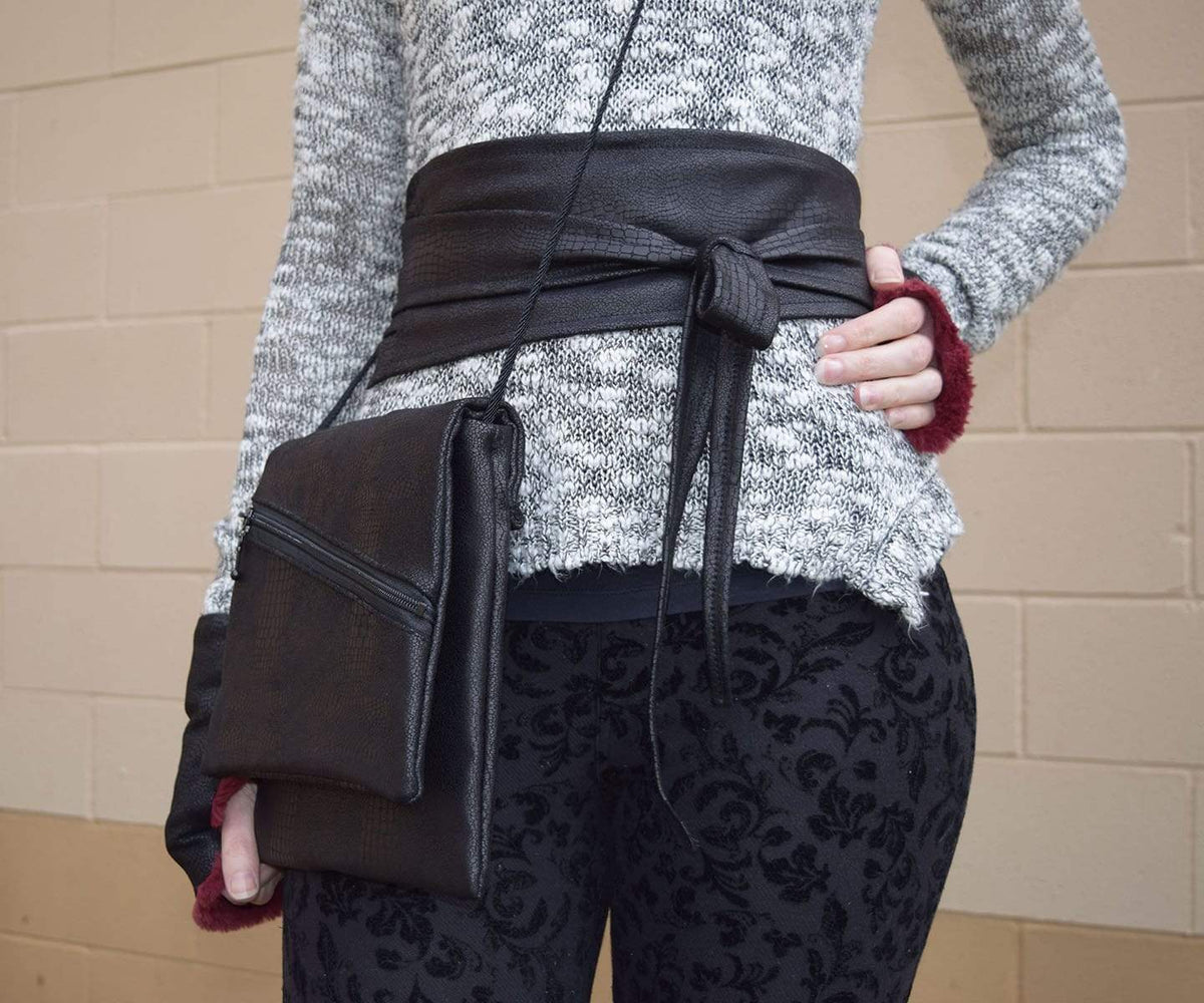Close Up Side View of Prague Handbag | Outback Black Vegan Leather Fabric | handmade in USA by Pandemonium Seattle