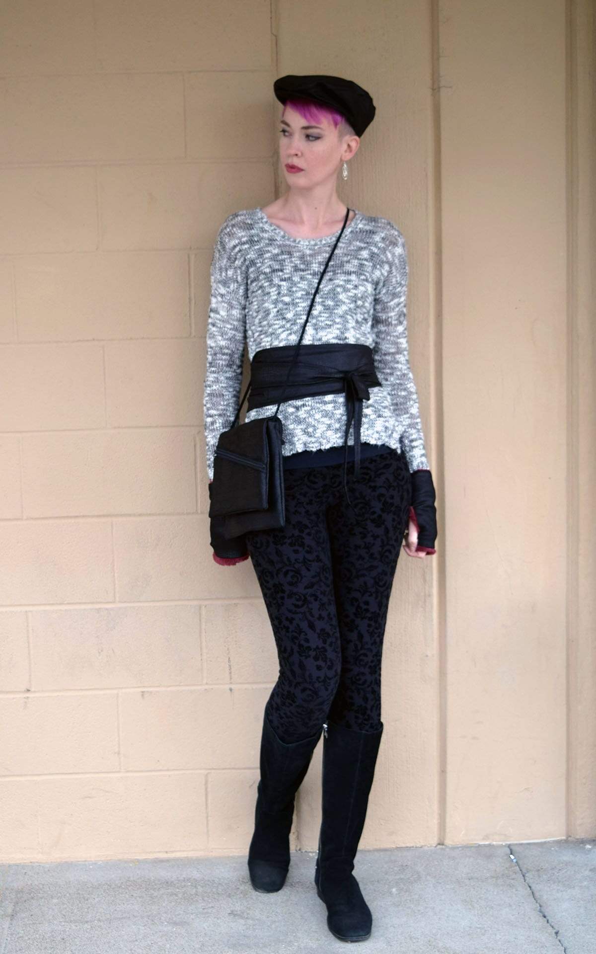woman wearing Prague Handbag with matching accessories | Outback Black Vegan Leather Fabric | handmade in USA by Pandemonium Seattle