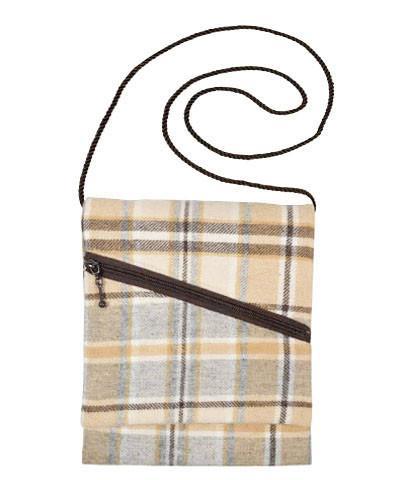 Prague Handbag in Yellow Gray and Brown Daybreak Wool Plaid with Cord Strap handmade by Pandemonium Seattle USA