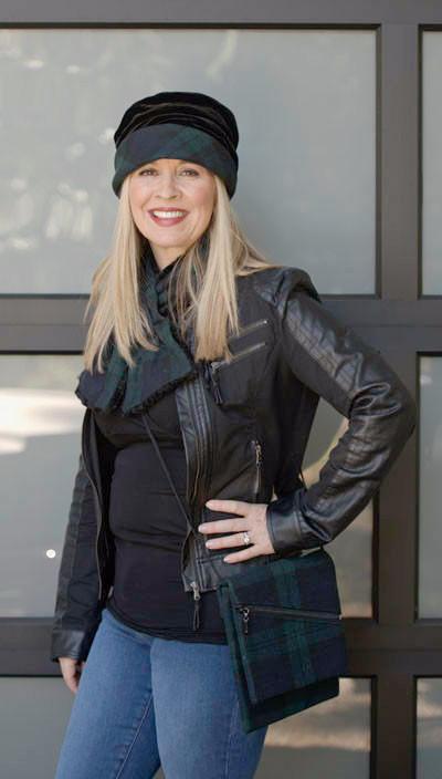 Woman holding Prague Handbag in Navy Blue and Green Nightfall Wool Plaid with Cord Strap handmade by Pandemonium Seattle USA
