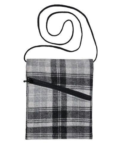 Prague Handbag in Gray and Black Twilight Wool Plaid with Cord Strap handmade by Pandemonium Seattle USA
