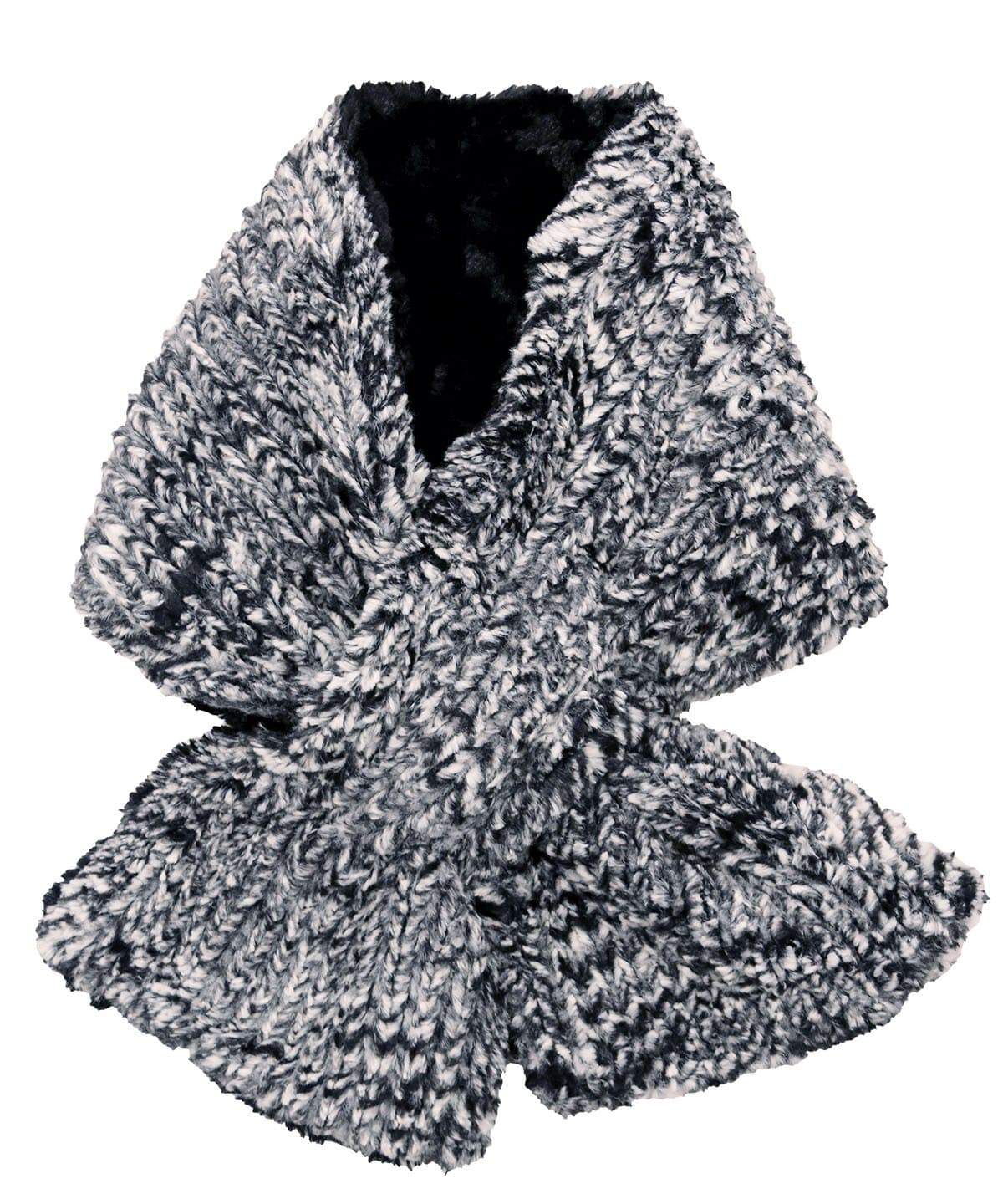Product shot of women’s  reversible Pull Through Scarf | Cozy Cable in Ash Faux Fur, Black and White with Cuddly Black | Handmade in Seattle WA | Pandemonium Millinery