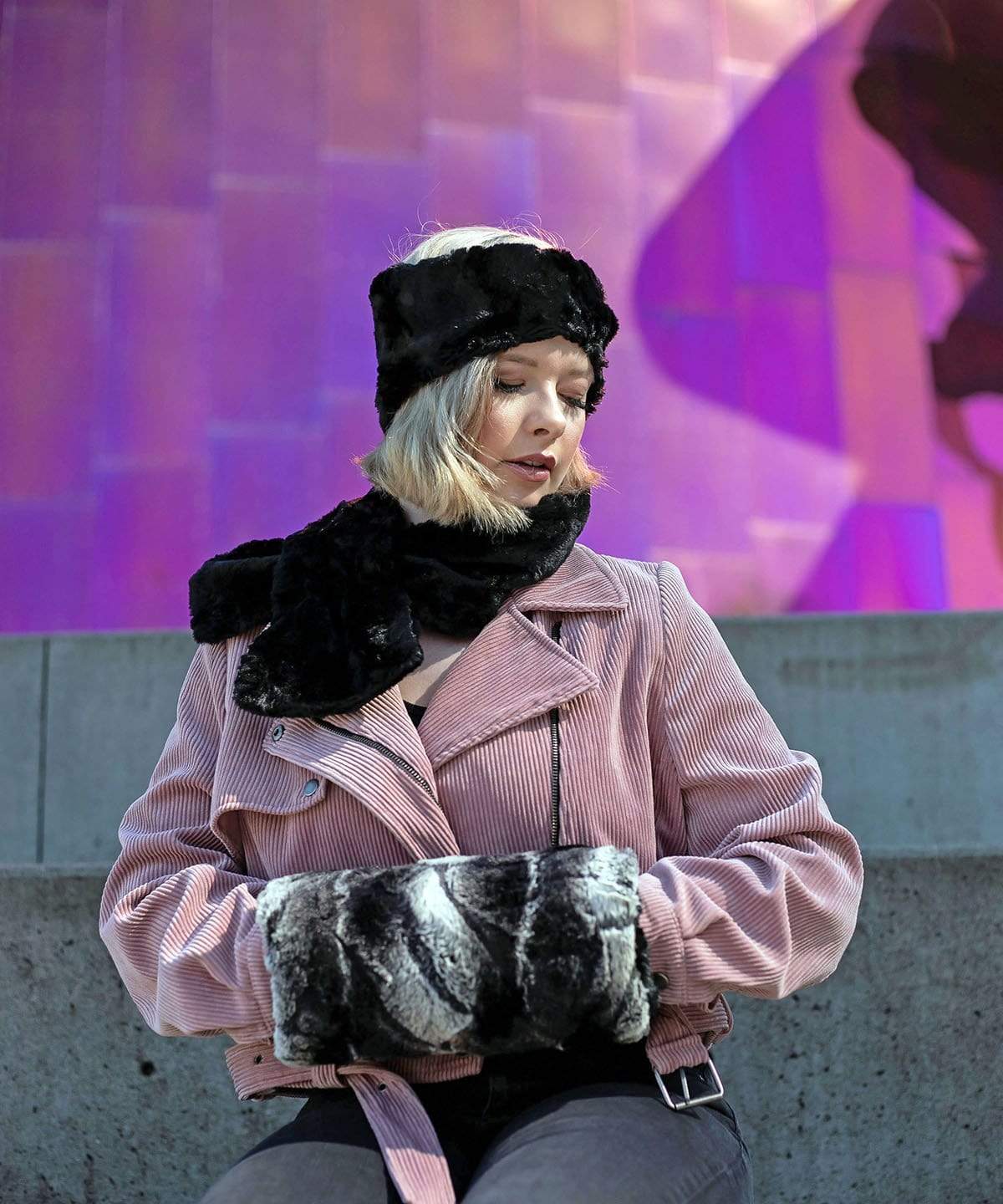 Woman with Muff wearing Headband with Pull Through Scarf Cuddly Faux Fur in Black Handmade in Seattle WA USA by Pandemonium Millinery