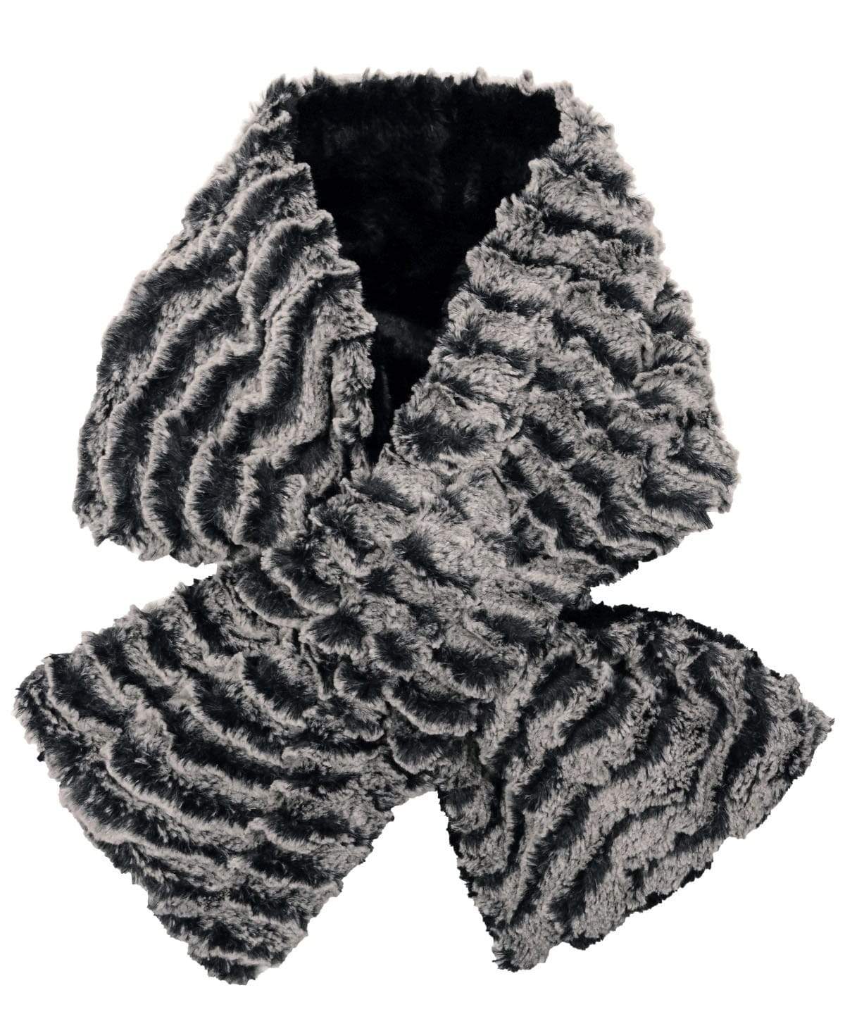 Product shot of Women’s reversible Pull Through Scarf | Desert Sand in in Charcoal embossed faux fur with light and dark grays | Handmade in Seattle WA | Pandemonium Millinery
