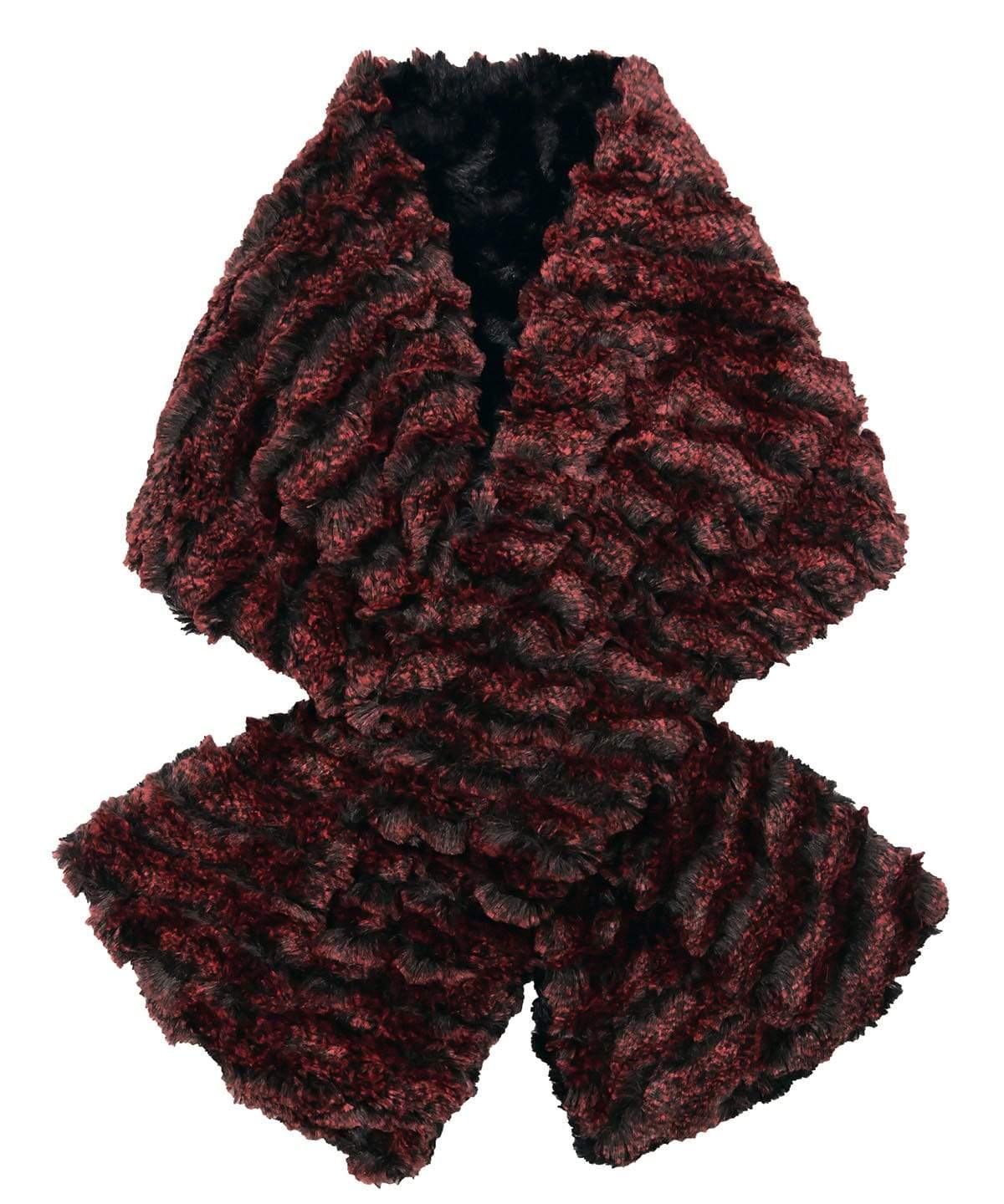 Product shot of Women’s reversible Pull Through Scarf | Desert Sand in in Charcoal embossed faux fur with light and dark grays | Handmade in Seattle WA | Pandemonium Millinery