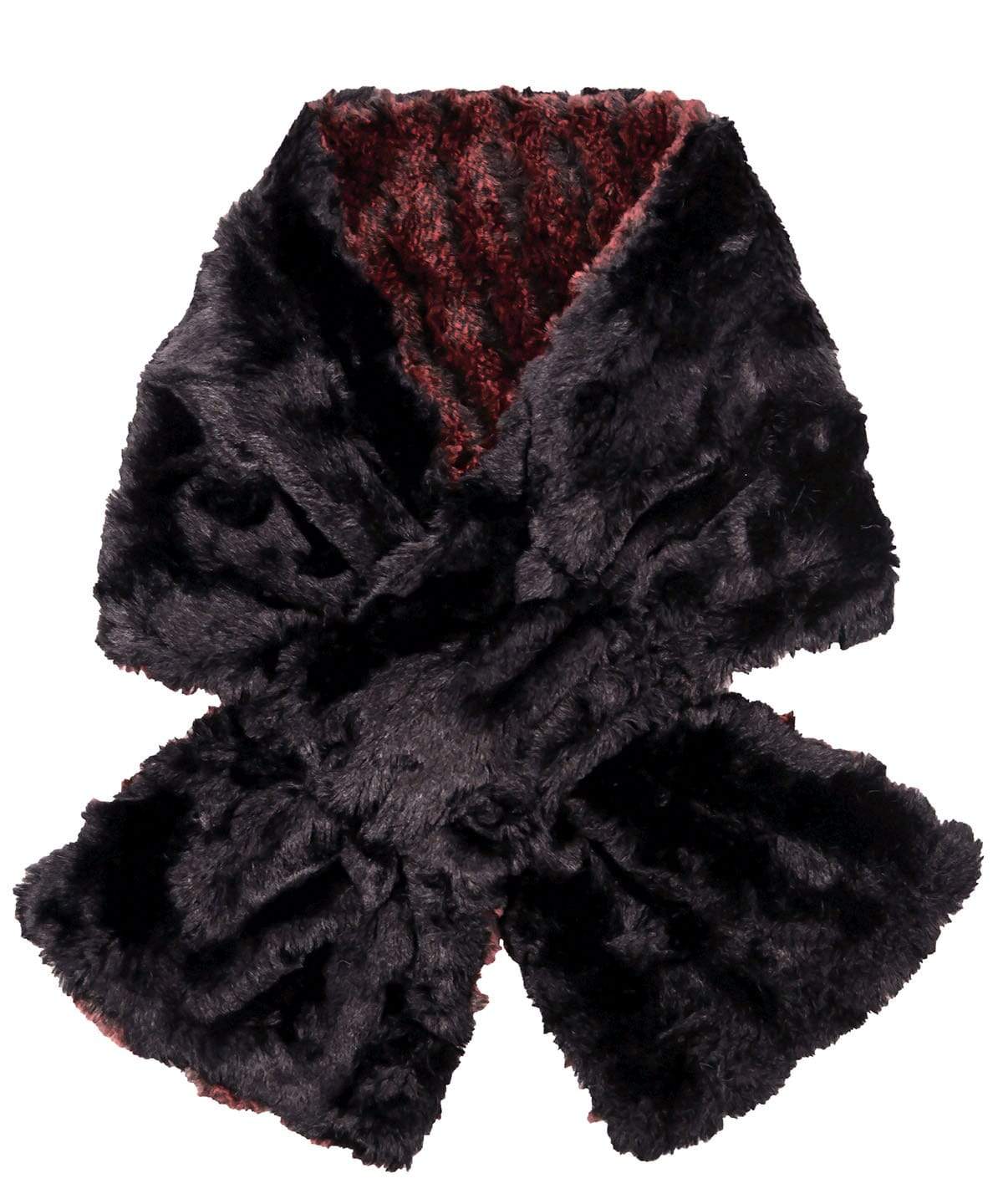 Product shot of Women’s reversible Pull Through Scarf | Desert Sand in Crimson embossed faux fur red and black shown in reverse | Handmade in Seattle WA | Pandemonium Millinery