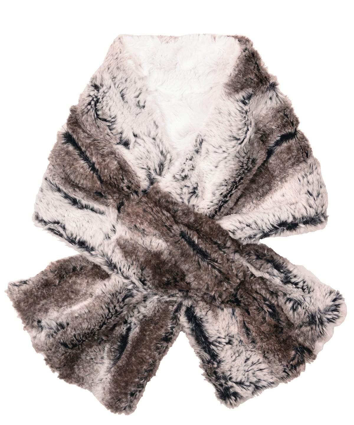 Product shot of Women’s Pull Through Scarf | Birch a brown and cream Faux Fur  | Handmade in Seattle WA | Pandemonium Millinery