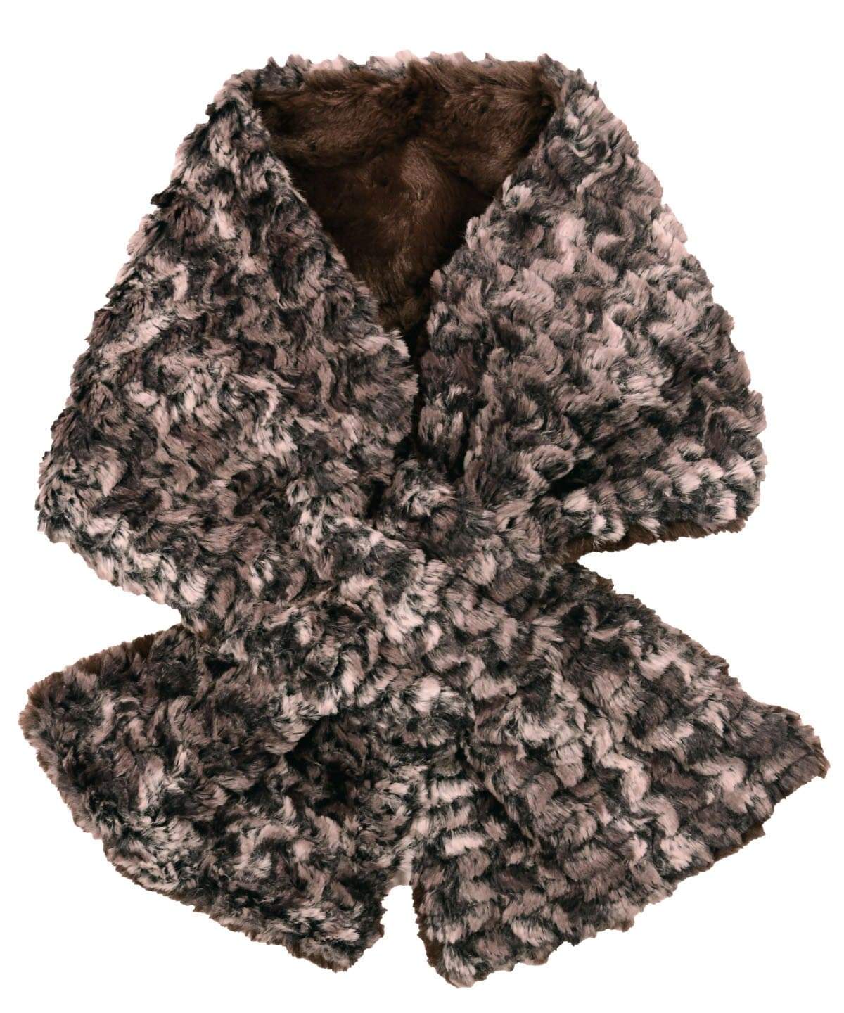 Pull Thru Scarf in Calico with Cuddly Faux Fur in Chocolate by Pandemonium Seattle.  Handmade in Seattle, WA. USA