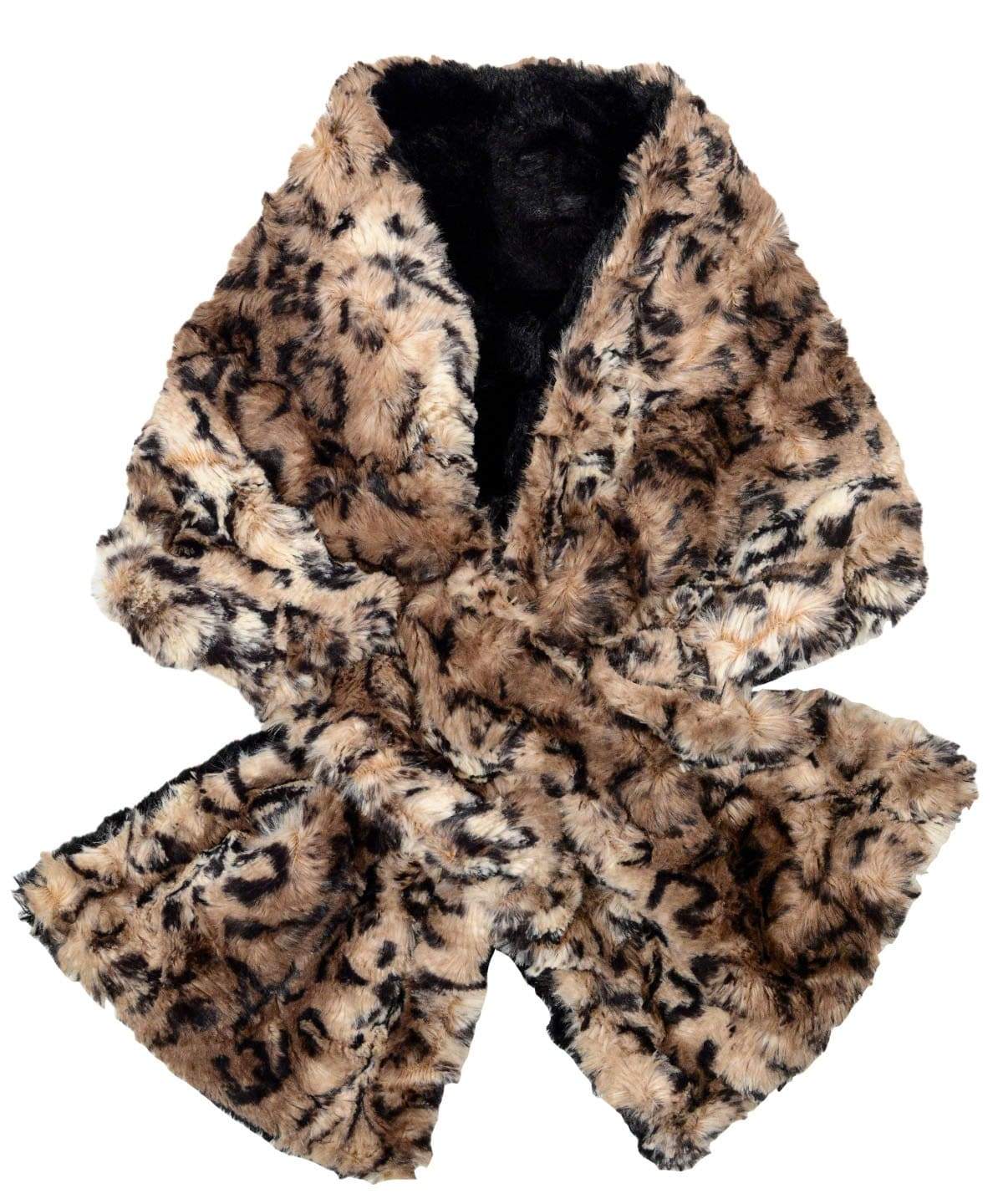 Product shot of Women’s reversible Pull Through Scarf | Carpathian Lynx animal print faux fur in browns and creams with cuddly fur in black | Handmade in Seattle WA | Pandemonium Millinery