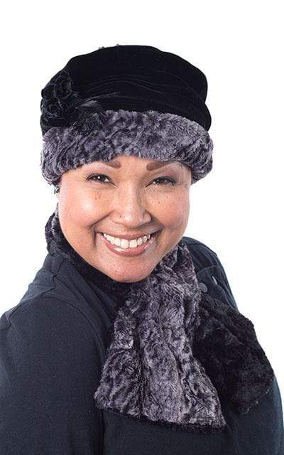 Product shot of Women’s reversible Pull Through Scarf | Carpathian Lynx animal print faux fur in browns and creams with cuddly fur in black | Handmade in Seattle WA | Pandemonium Millinery