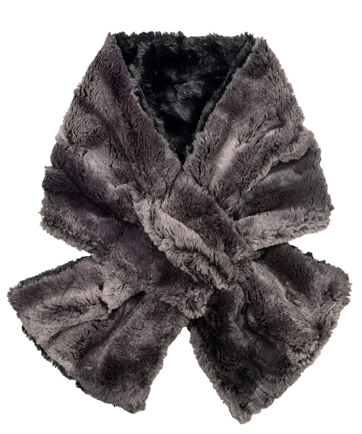 Product shot of reversible Pull Through Scarf |  Espresso in blacks and browns Faux Fur with cuddly black Handmade in Seattle WA | Pandemonium Millinery
