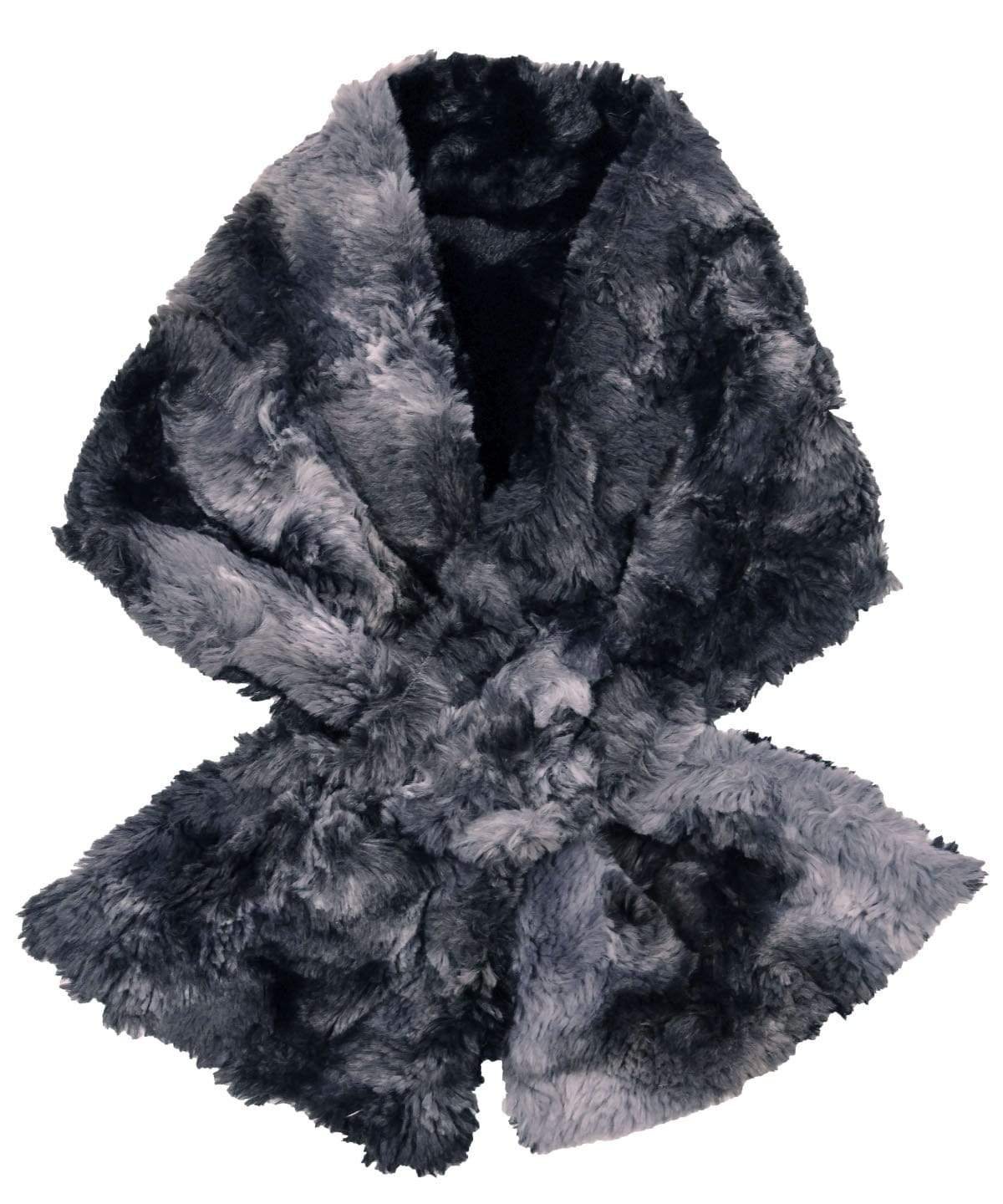 Product shot of Women’s reversible Pull Through Scarf | Highland in Skye faux fur a tie-dyed of navy, blue, and grays with Cuddly Faux Fur in Black| Handmade in Seattle WA | Pandemonium Millinery