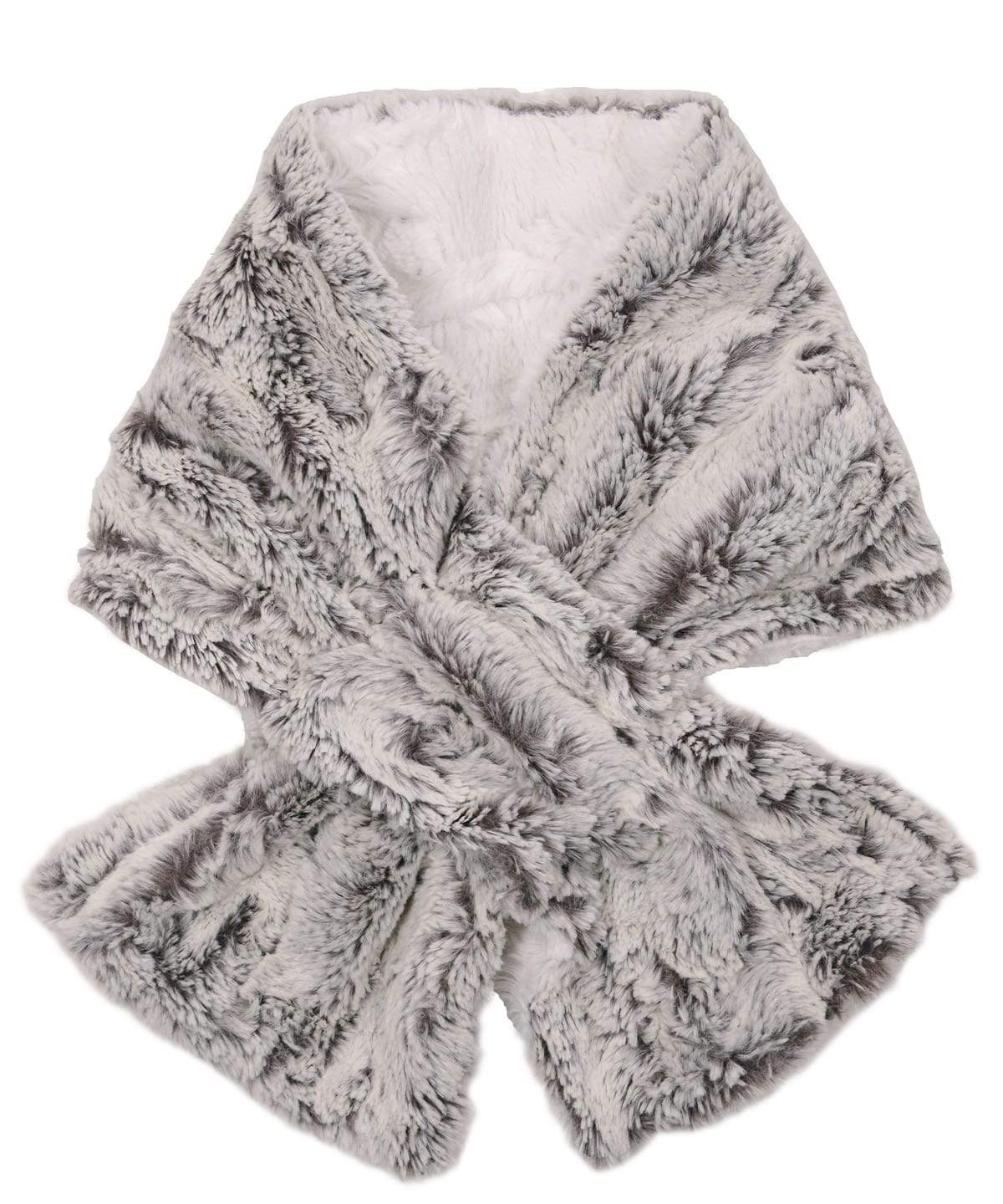 Product shot of Women’s reversible Pull Through Scarf | Khaki a grayish and off-white Faux Fur with Cuddly ivory  | Handmade in Seattle WA | Pandemonium Millinery