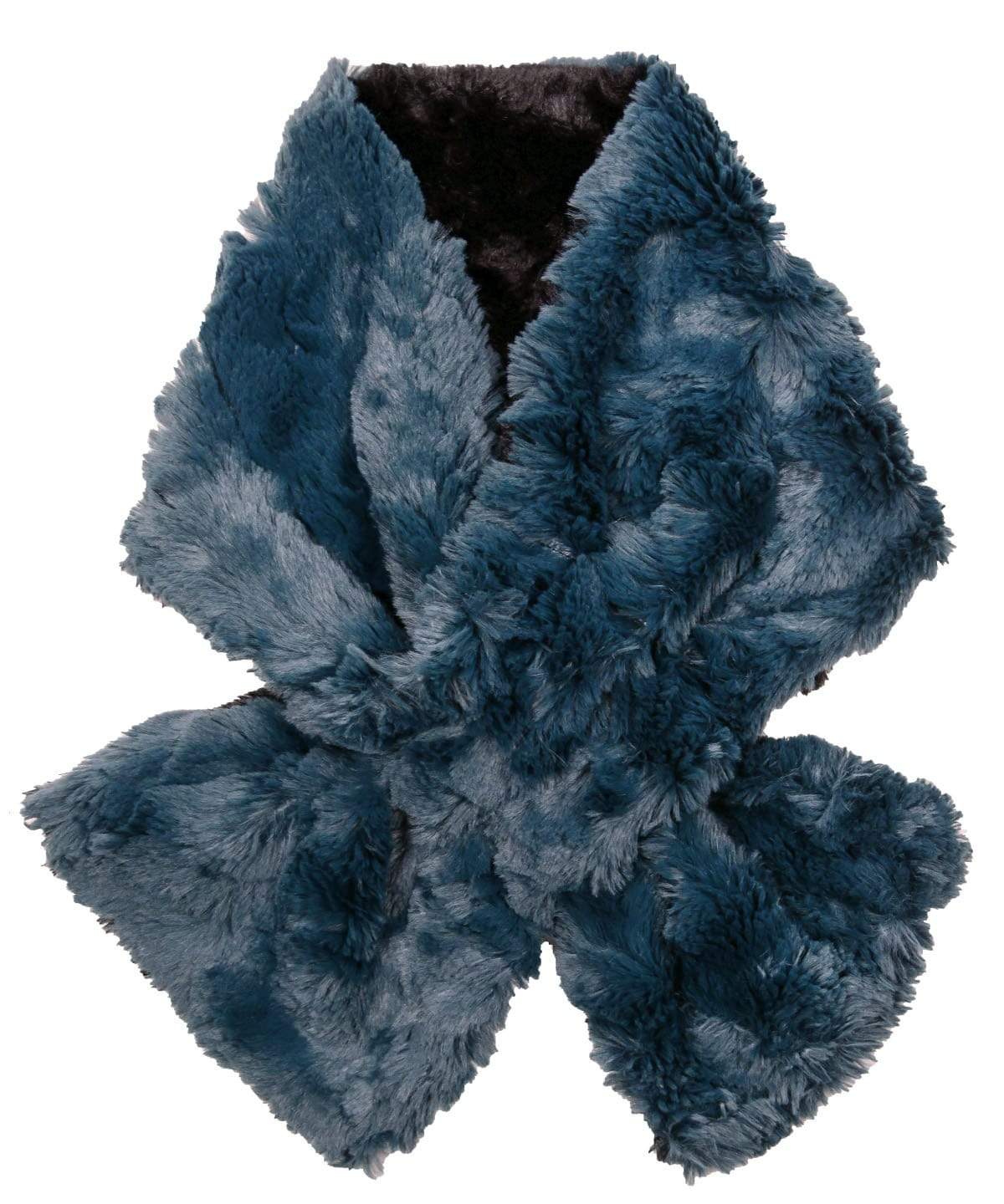 Product shot of Women’s reversible Pull Through Scarf | Peacock Pond Faux Fur, Blue / Teal with Cuddly Faux Fur in Black| Handmade in Seattle WA | Pandemonium Millinery