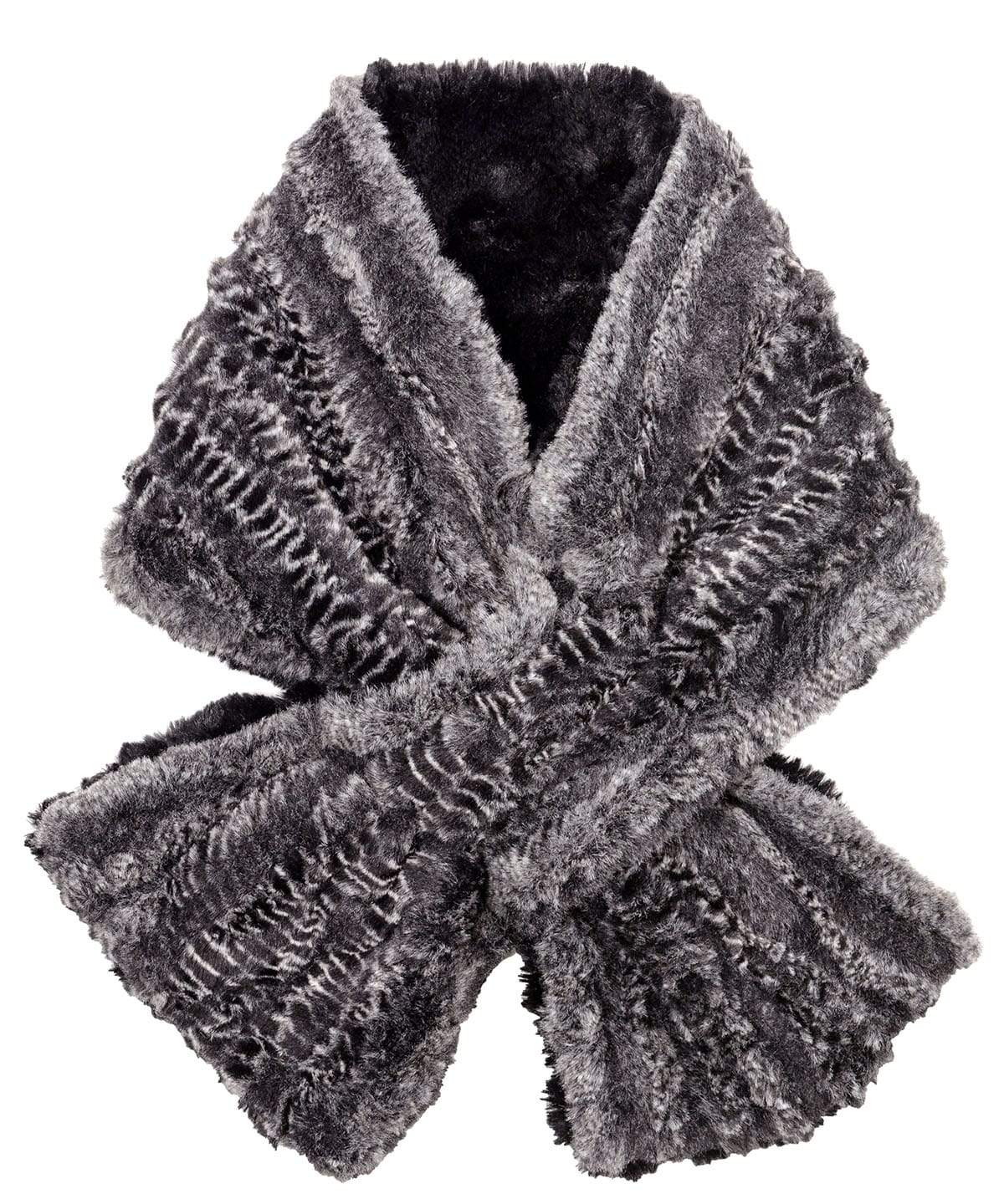 Product shot of Women’s reversible Pull Through Scarf | Rattle ‘N’ Shake Snake Print in black creams and grays with Cuddly Faux Fur in Black| Handmade in Seattle WA | Pandemonium Millinery