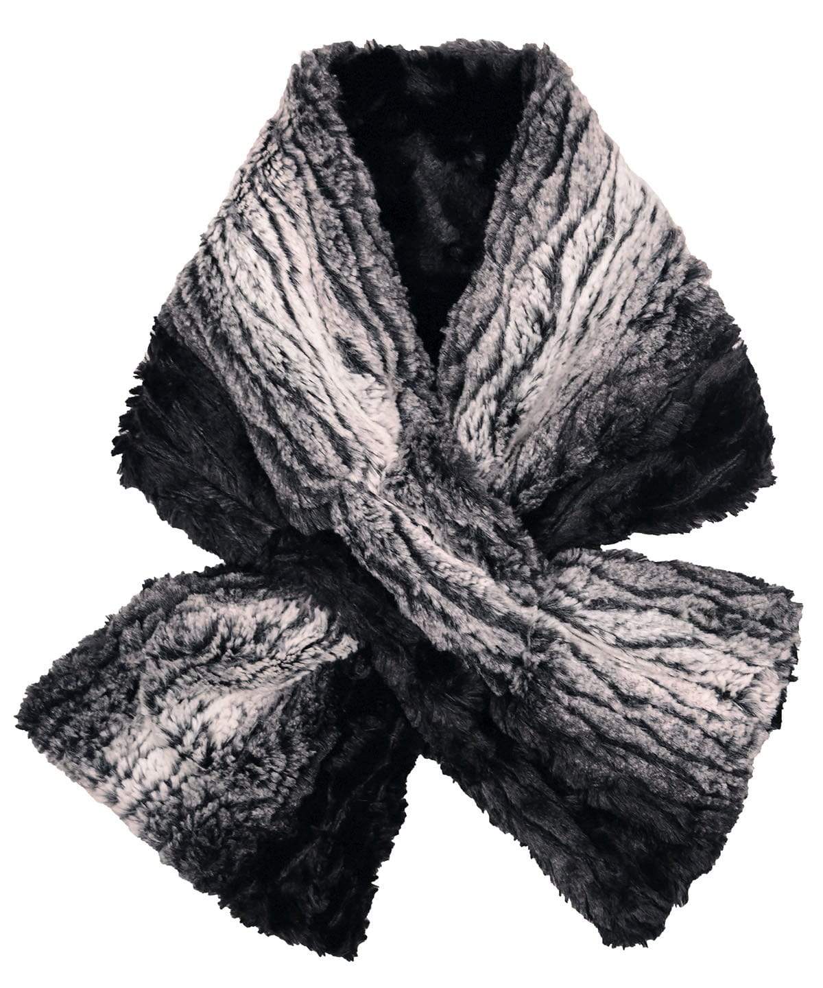 Product shot of Women’s reversible Pull Through Scarf | Smoldering Sequoia faux fur a streaked print of black ivory and grays with Cuddly Faux Fur in Black| Handmade in Seattle WA | Pandemonium Millinery
