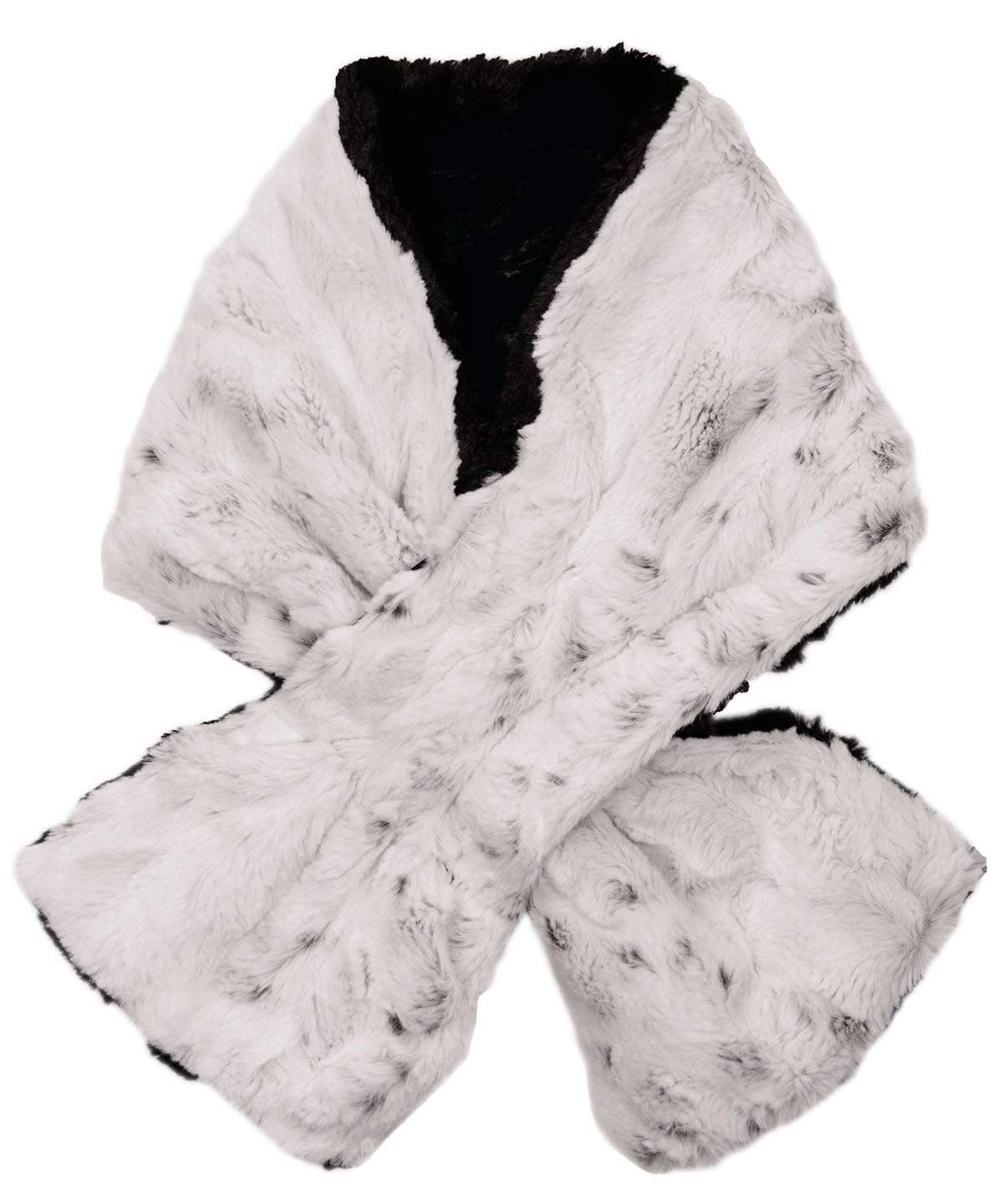 Product shot of Women’s reversible Pull Through Scarf | Winter Frost a white faux fur with light hints of black with Cuddly Faux Fur in Black| Handmade in Seattle WA | Pandemonium Millinery